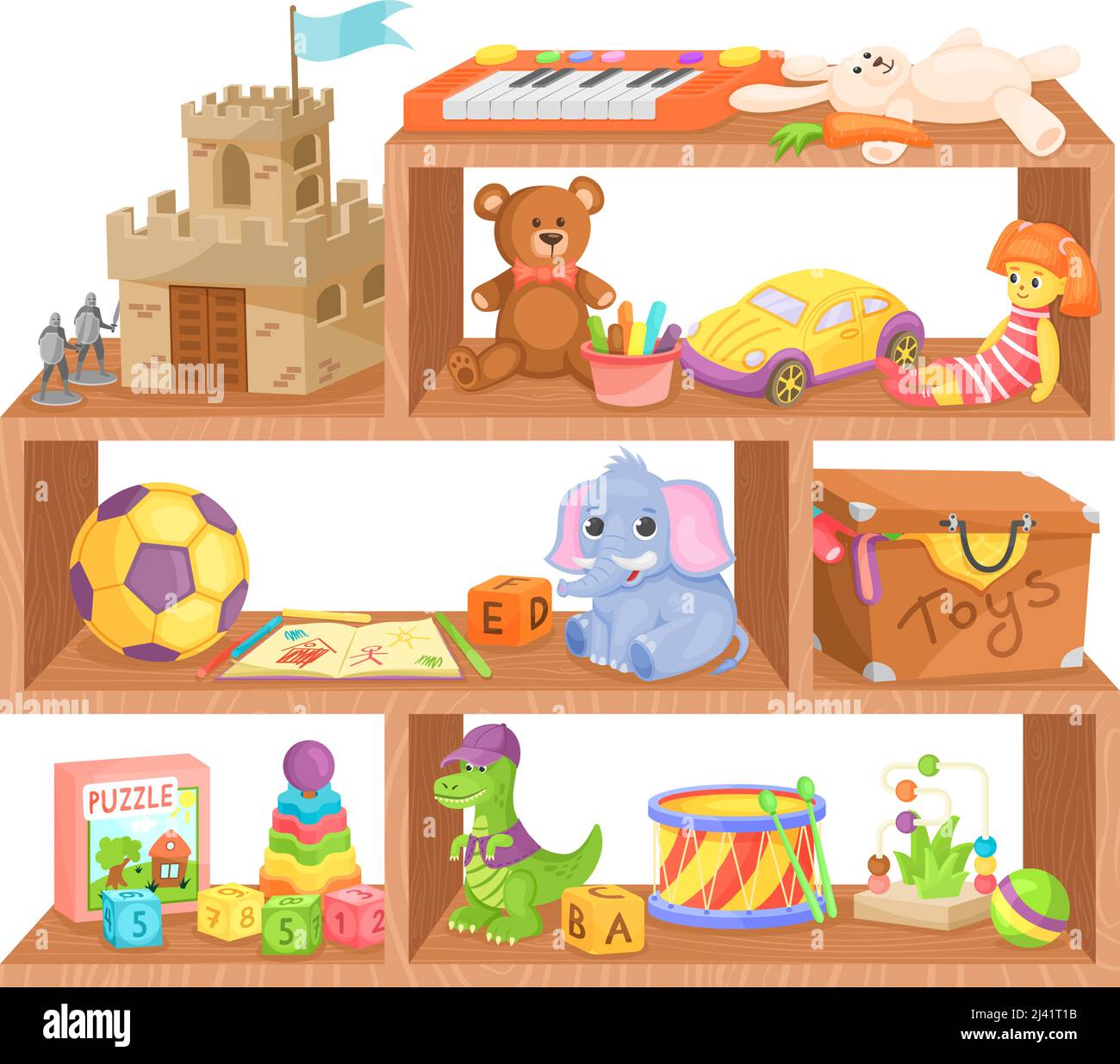Kids toys shelves. Wooden toy shelf store, kid shop plastic doll plush