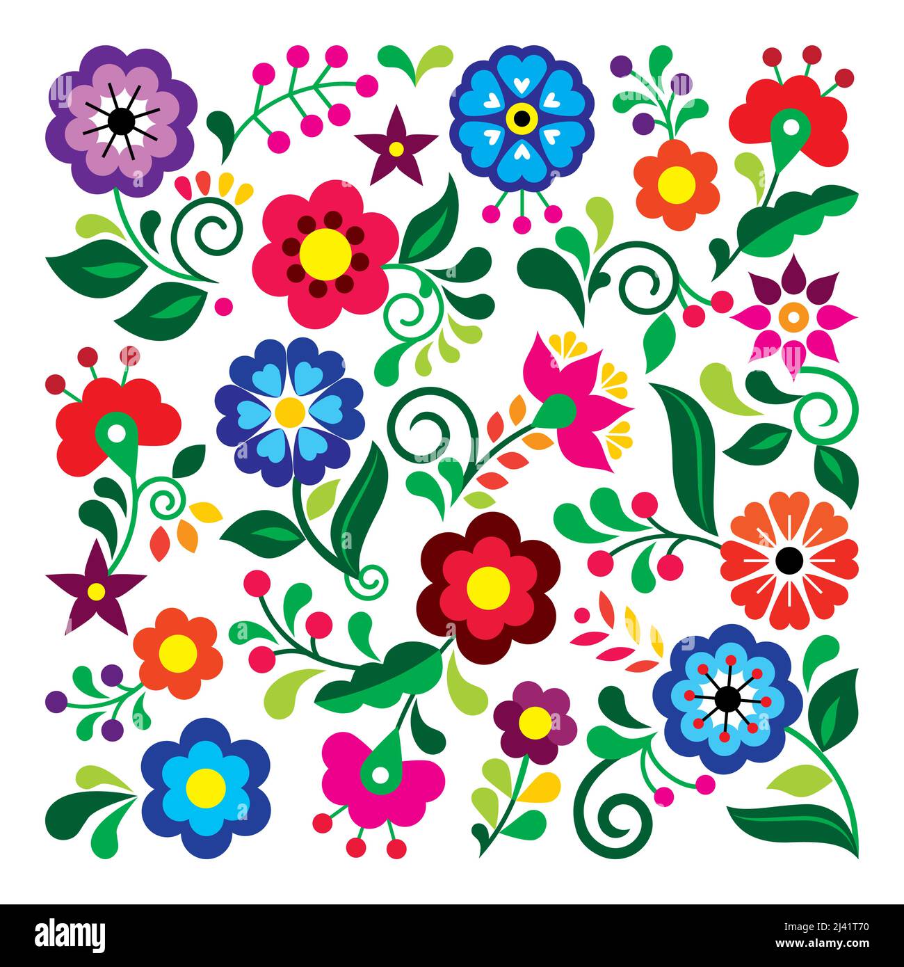 Mexican folk art vector floral greeting card pattern, square