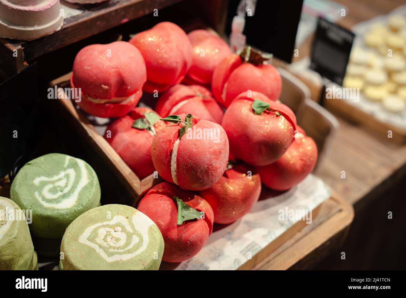 Natural cosmetics for the body, handmade soap, bath bombs. Stock Photo