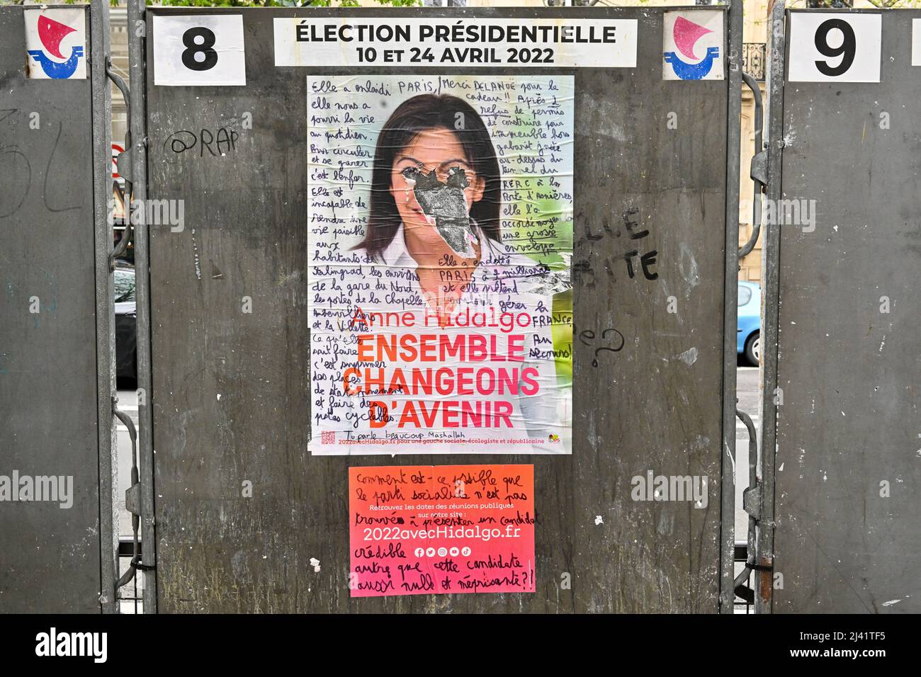 Paris, France. 09th Apr, 2022. French Presidential election campaign posters of Emmanuel Macron and Marine Le Pen in Paris, France on Apr. 9, 2022. (Photo by Lionel Urman/Sipa USA) Credit: Sipa USA/Alamy Live News Stock Photo