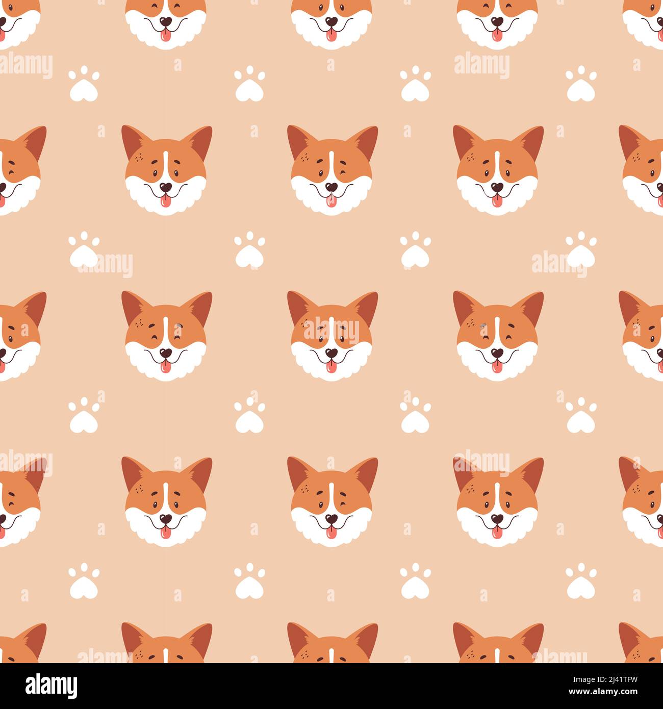 Corgi seamless pattern. Cute smiling welsh corgi faces and paw prints. Happy dog characters. Stylish vector background. Stock Vector