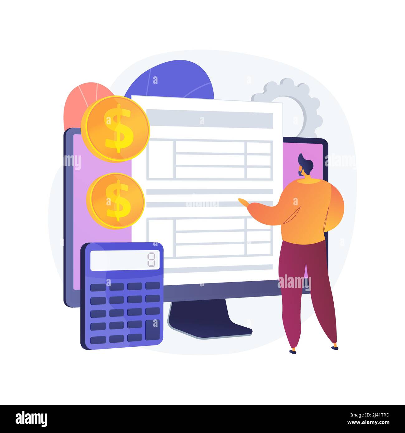 Electronic documentation. Man with registration. Checking repository log. Online approval, screen form, validation page. Expense chronicles. Vector is Stock Vector