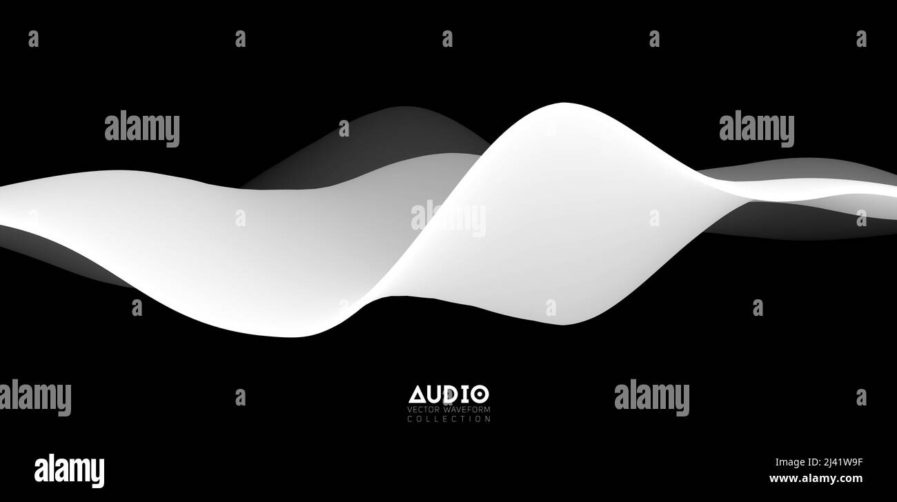 Sound wave visualiztion. 3D black and white solid waveform. Voice sample pattern. Stock Vector