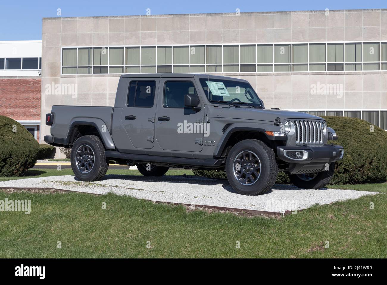 Kokomo - Circa April 2022: Jeep Gladiator display at the transmission plant. The Jeep Gladiator models include the Sport, Willys, Rubicon and Mojave. Stock Photo