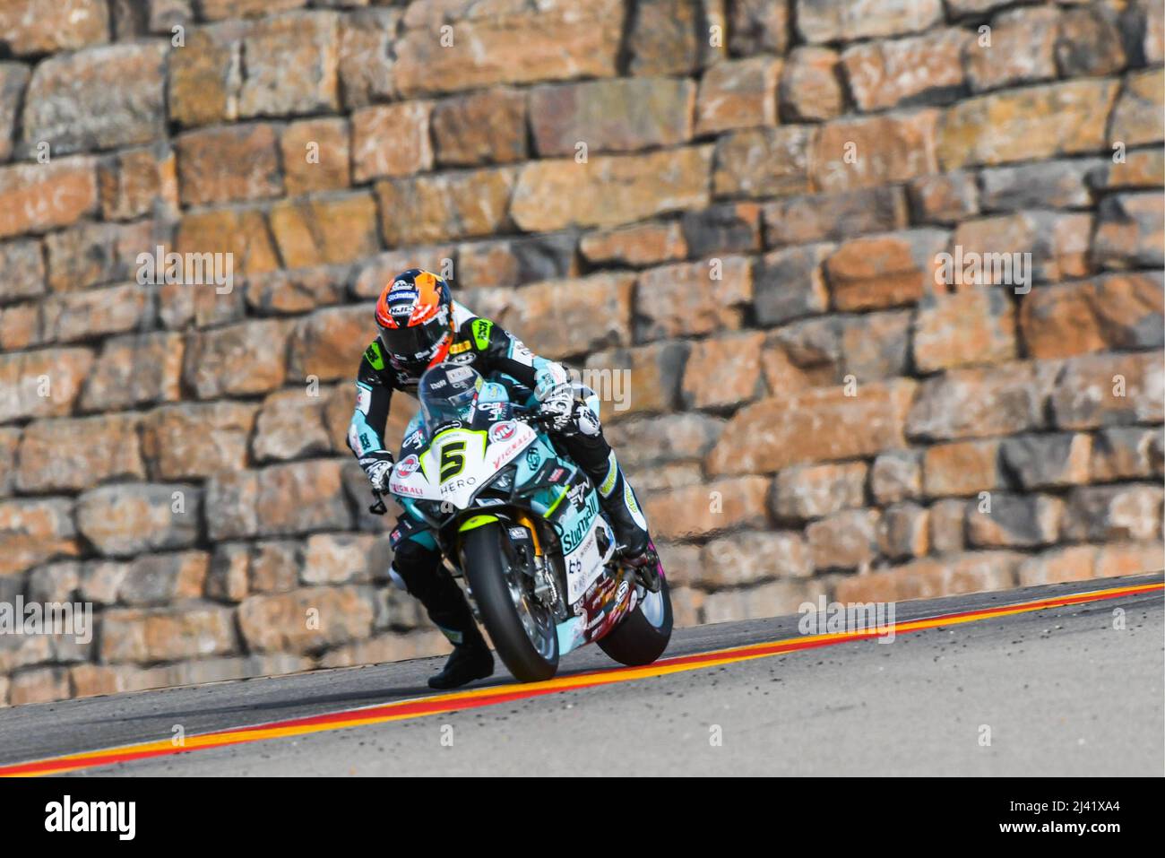 Philipp Oettl (5) of Germany and Team GoEleven during the WorldSBK Free  Practice 1 of the Aragon Grand Prix at Motorland racetrack in Alcaniz,  Spain on April 09, 2022 (Photo: Alvaro Sanchez)