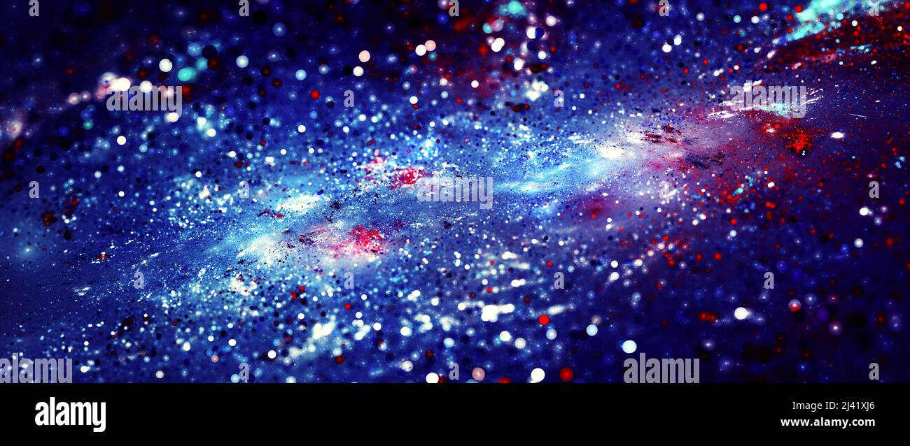 Colorful glowing starfield with bokeh, computer generated abstract widescreen background, 3D rendering Stock Photo