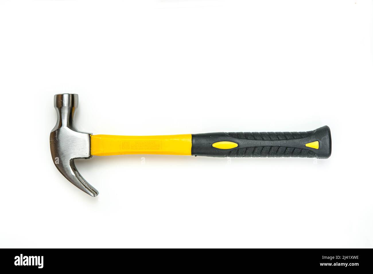 Top down shot of a small yellow handle claw hammer Stock Photo