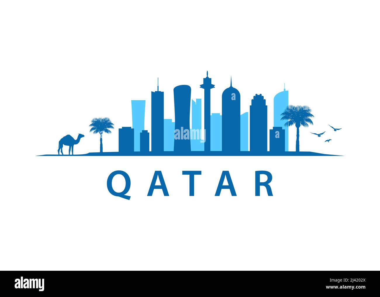 Qatar Skyline City Landscape, Outline Vector Graphic. Views in Arabia. Stock Vector