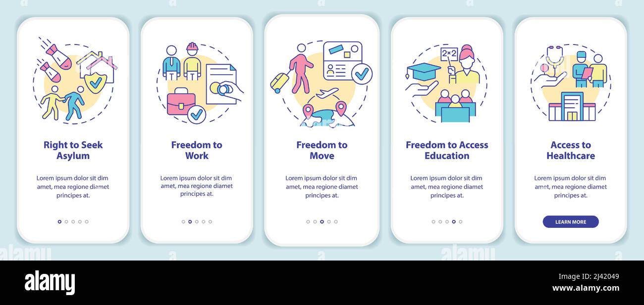 Refugee rights onboarding mobile app screen Stock Vector