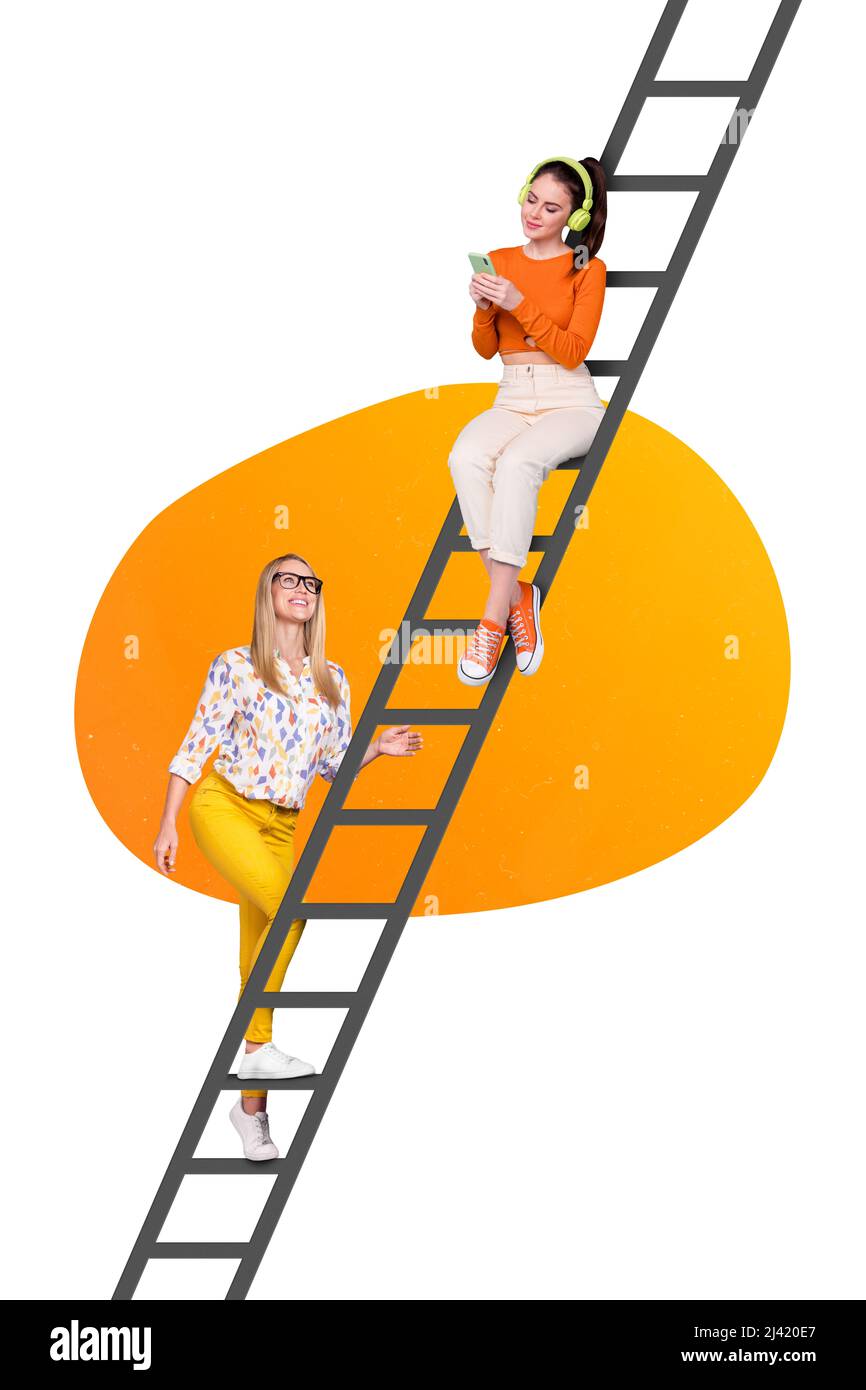 Trendy pop art collage with two people ladies meet on ladder stairs young millennial music lover and motivated business agent Stock Photo