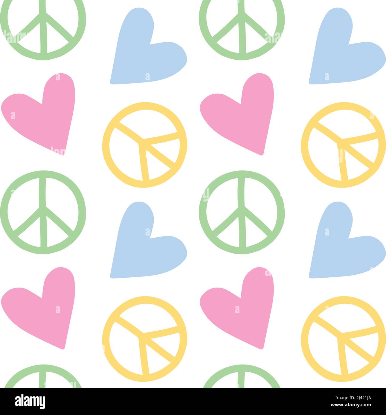 Vector seamless pattern of hand drawn peace signs and hearts isolated ...
