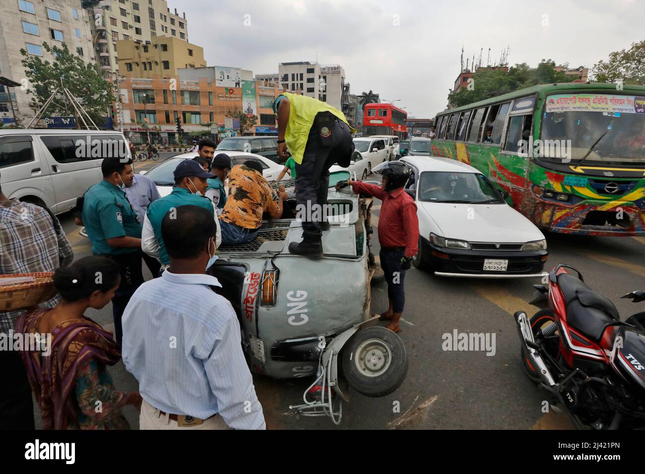 Dhaka, Bangladesh April 11, 2022 The auto rickshaw overturned after