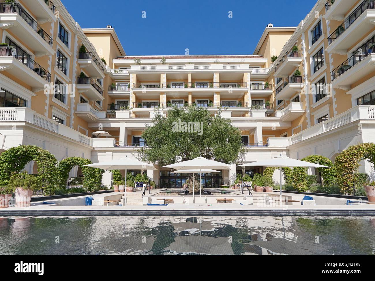 TIVAT, MONTENEGRO - JULY 15, 2021: Modern luxury apartment building in Porto Montenegro Stock Photo
