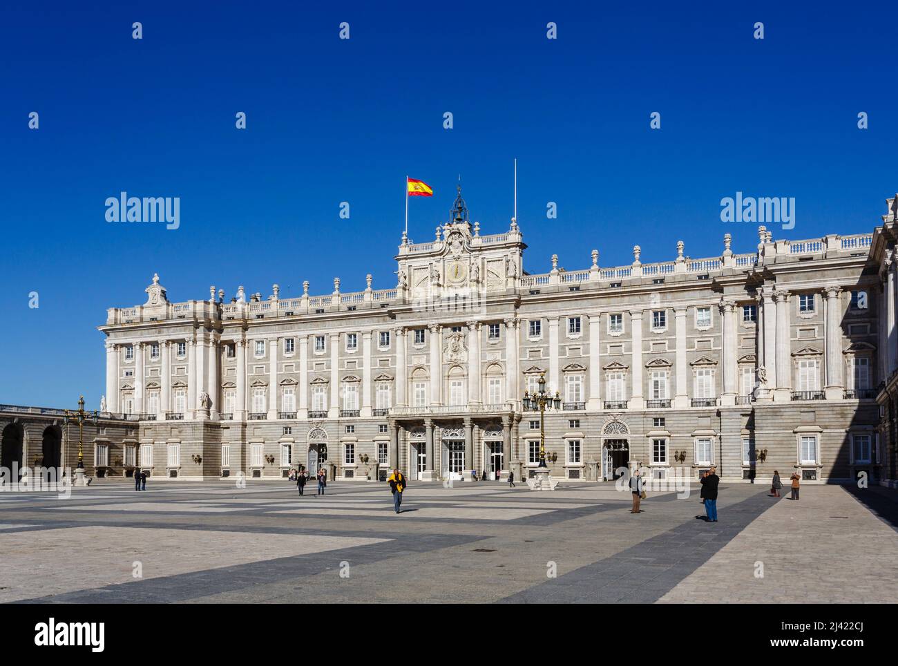 View from Plaza de la Armeria of the baroque architecture Royal Palace of Madrid (Palacio Real) in Madrid, capital city of Spain Stock Photo