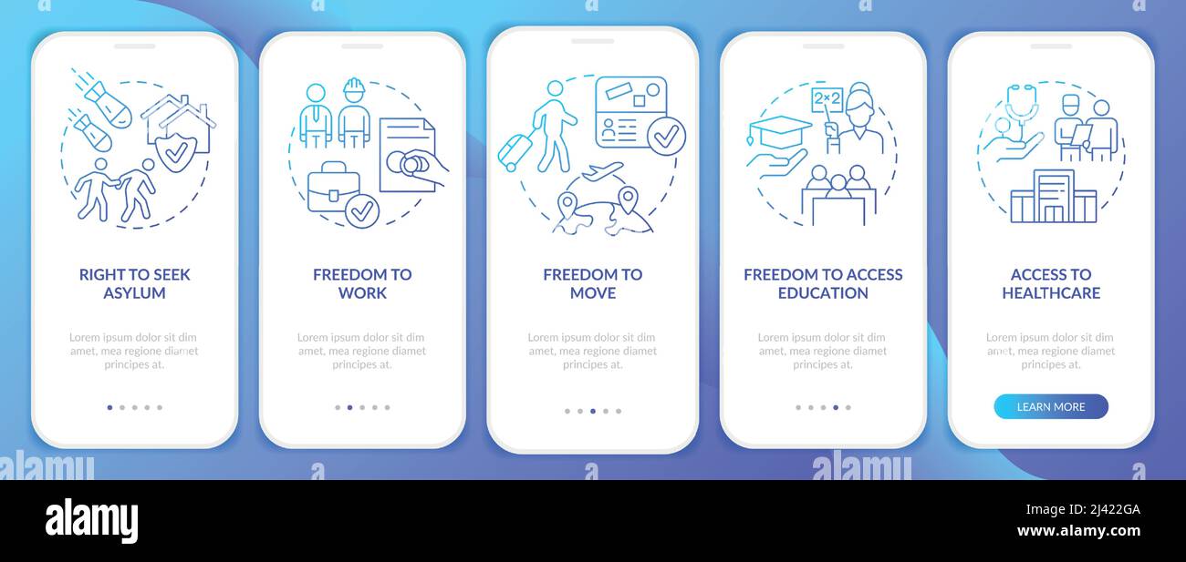 Refugee rights blue gradient onboarding mobile app screen Stock Vector
