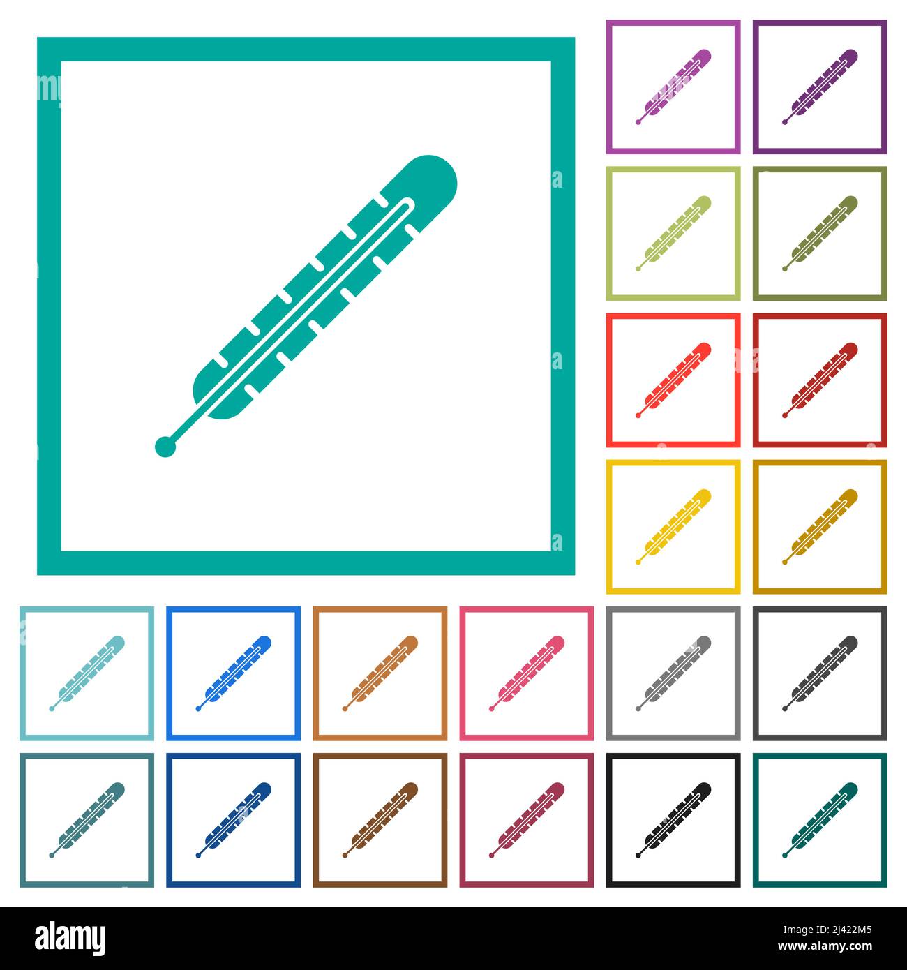 Fever thermometer solid flat color icons with quadrant frames on white background Stock Vector