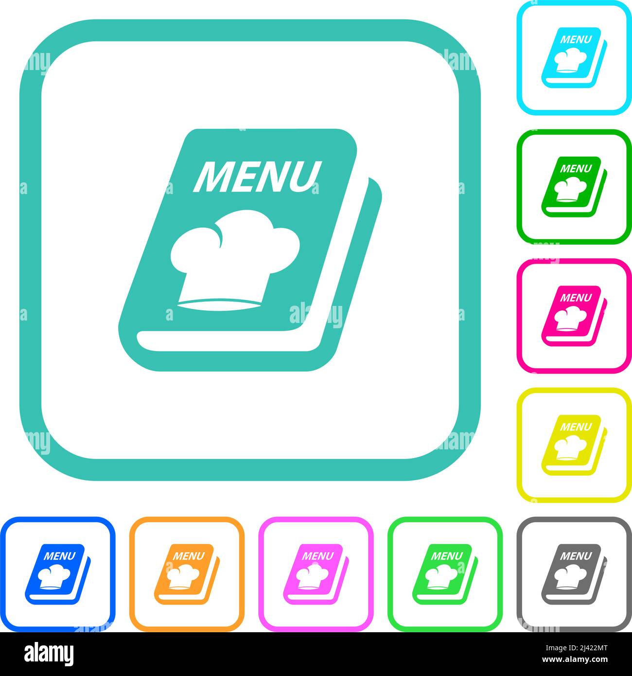 Menu with chef hat vivid colored flat icons in curved borders on white ...