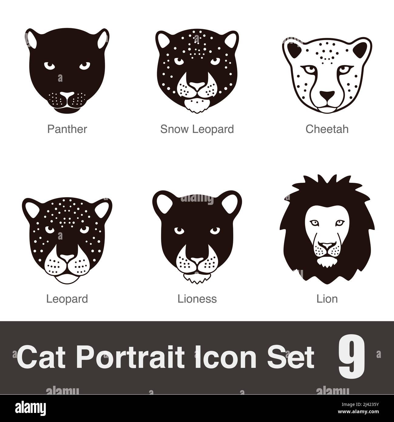 black big cat breed face cartoon flat icon series, vector illustration Stock Vector