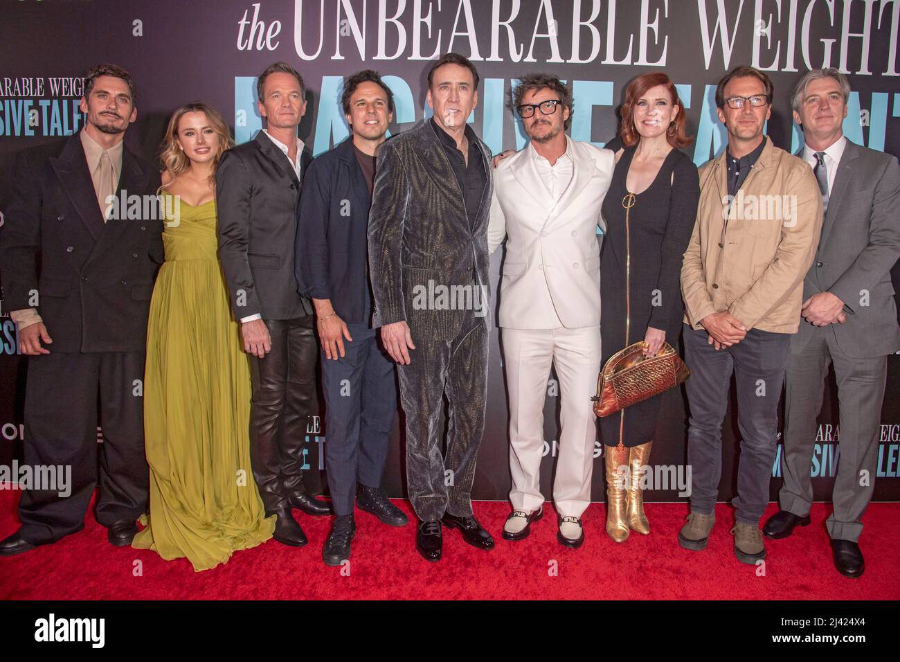 New York, United States. 10th Apr, 2022. Paco León, Lily Sheen, Neil Patrick Harris, Kevin Turen, Nicolas Cage, Pedro Pascal, Kristin Burr, Kevin Etten and Mike Nilon attend 'The Unbearable Weight Of Massive Talent' New York Screening at Regal Essex Crossing in New York City. (Photo by Ron Adar/SOPA Images/Sipa USA) Credit: Sipa USA/Alamy Live News Stock Photo