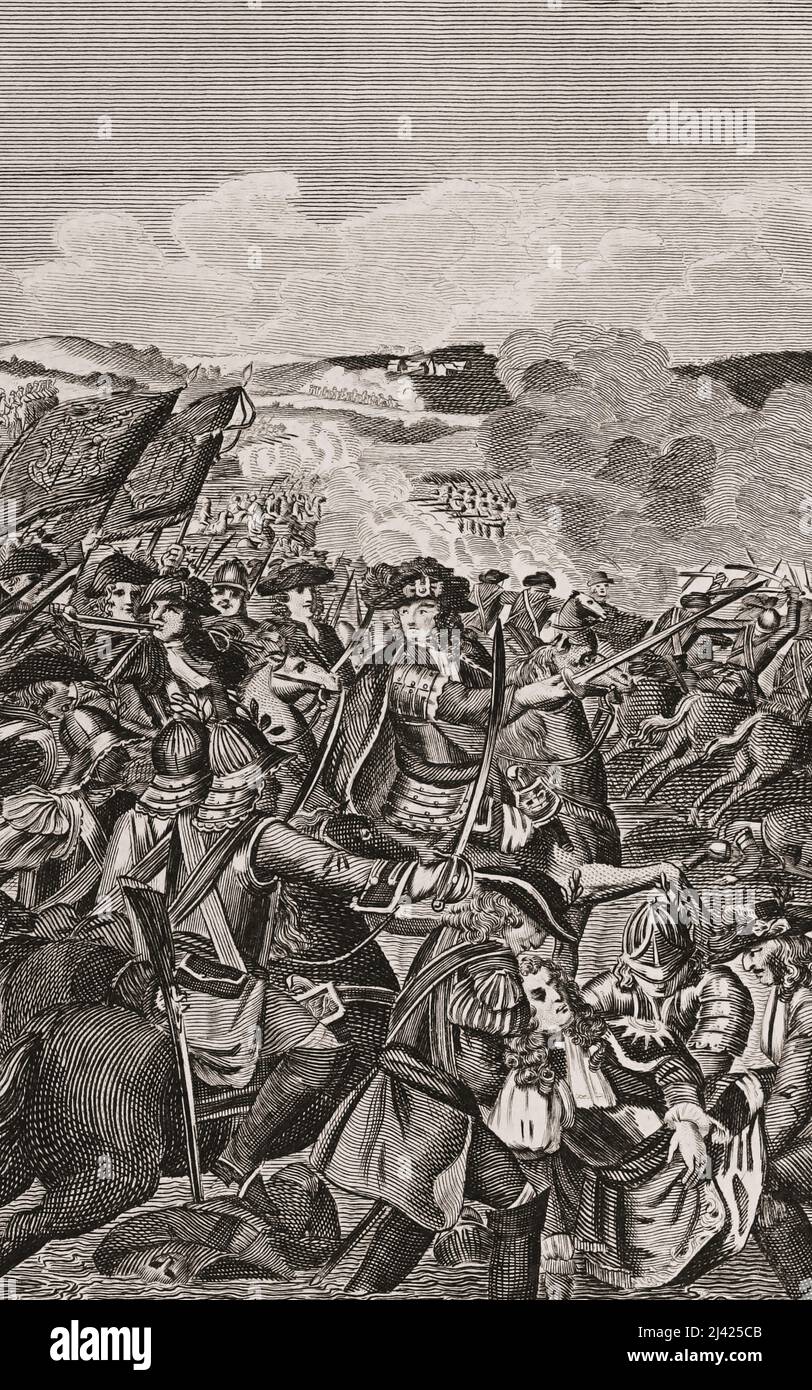 Battle of the Boyne, which took place in 1690 near Drogheda, Ireland. The battle was fought between the armies of the deposed King James II of England and Prince William of Orange.  After an engraving from The New, Impartial and Complete History of England by Edward Barnard, published in London 1783. Stock Photo