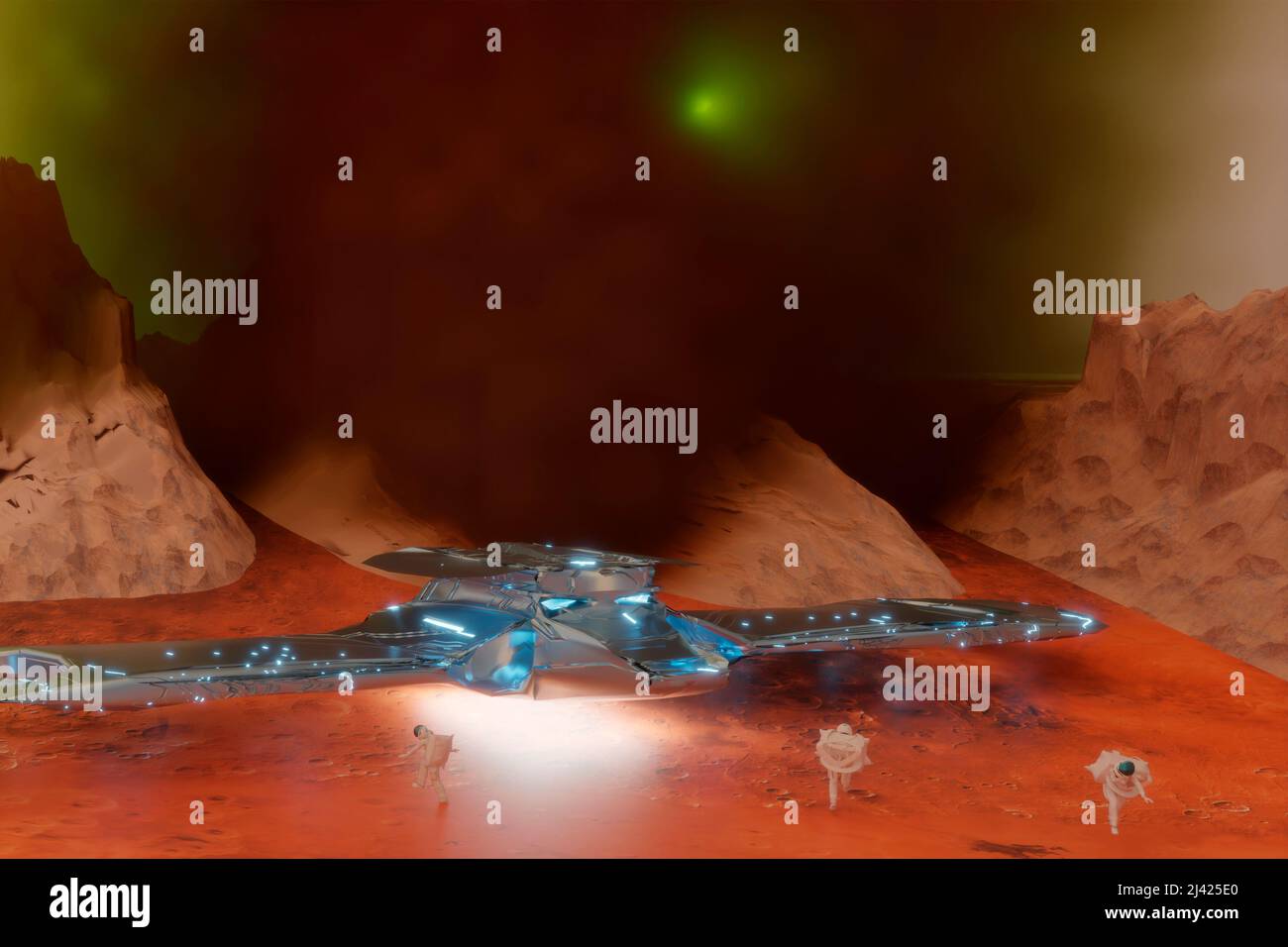 Special spacecraft shines with its own light while a green light is seen in the sky that shines through the dust of Mars while three astronauts explor Stock Photo