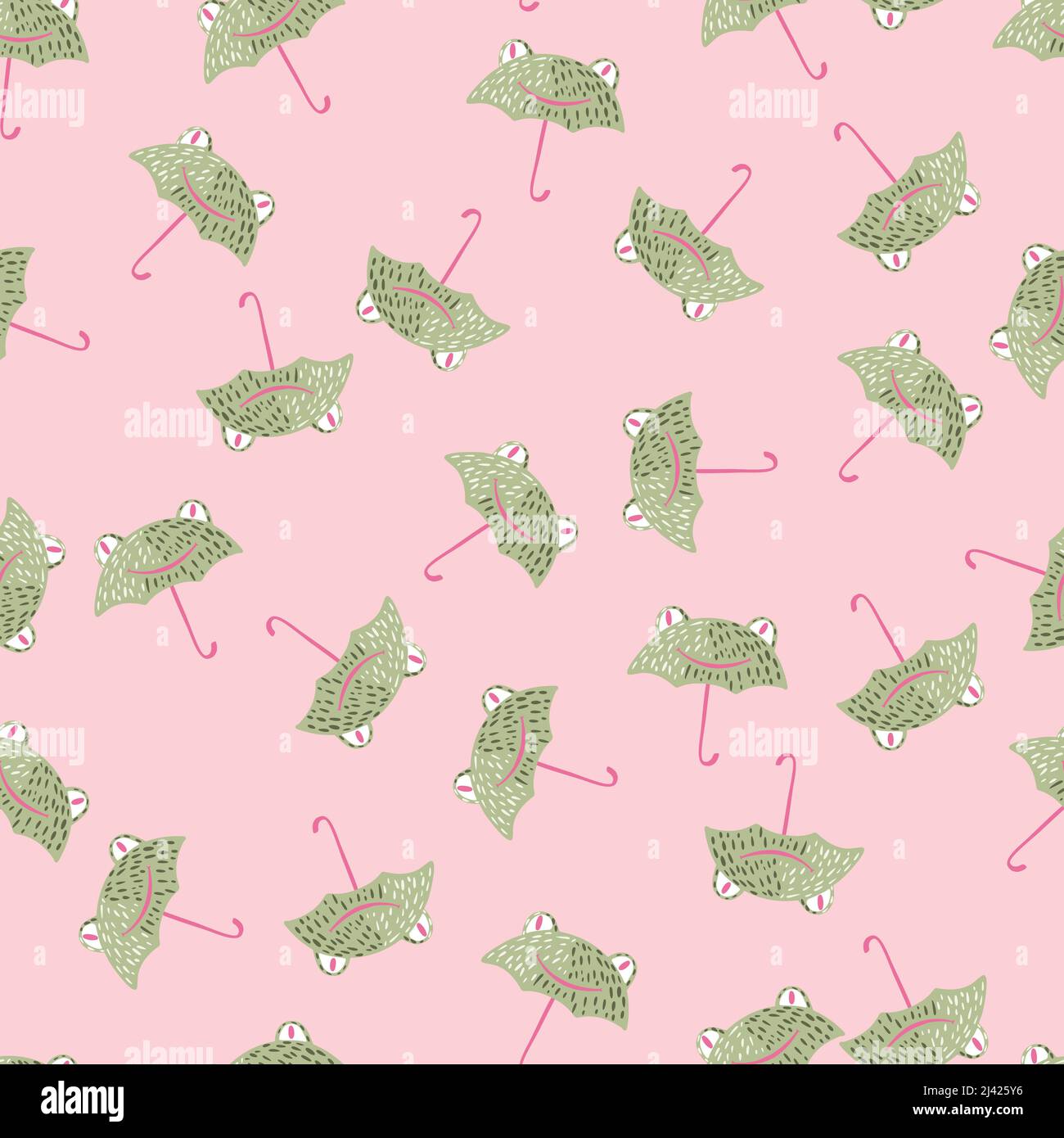 Seamless pattern cute frog umbrella. Background of funny accessory shape head toad in doodle style. Repeated design texture for printing, fabric, wrap Stock Vector