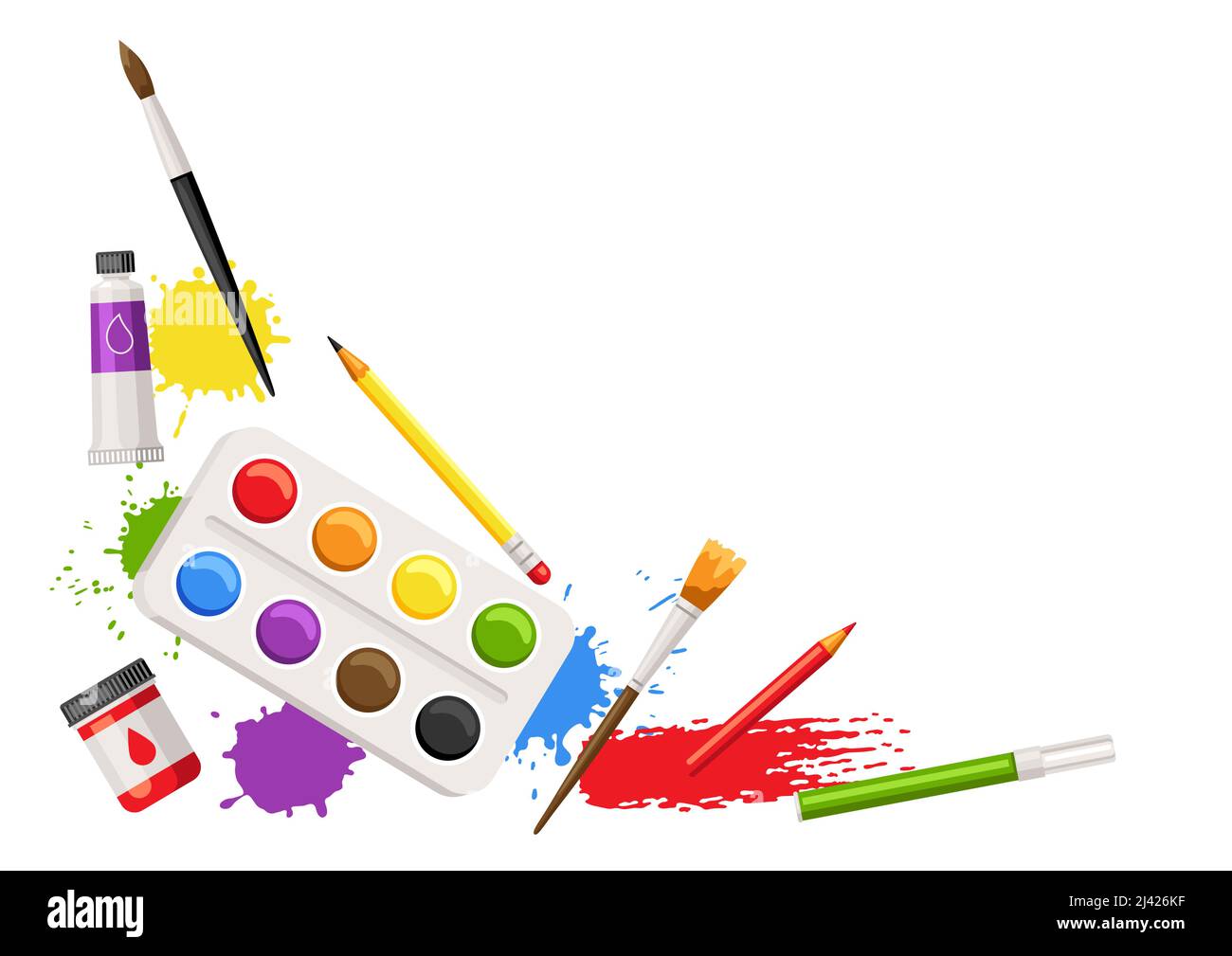 Background with painter tools and materials. Art supplies for
