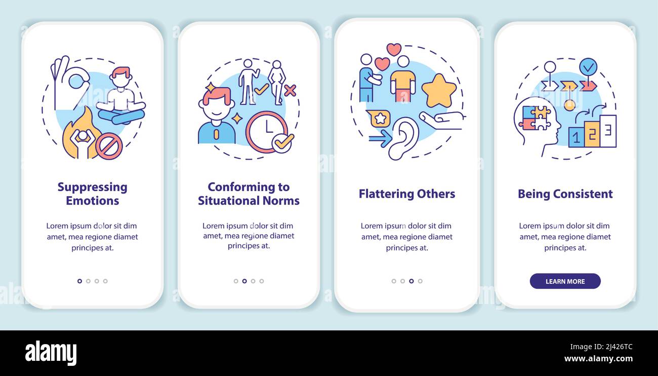 Impression management techniques onboarding mobile app screen Stock Vector