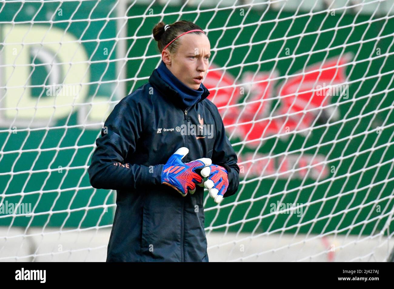 Llanelli, Wales. 8 April 2022. Goalkeeper Pauline Peyraud-Magnin of France Women during the pre-match warm-up before the FIFA Women's World Cup Qualifier Group I match between Wales Women and France Women at Parc y Scarlets in Llanelli, Wales, UK on 8 April 2022. Credit: Duncan Thomas/Majestic Media. Stock Photo