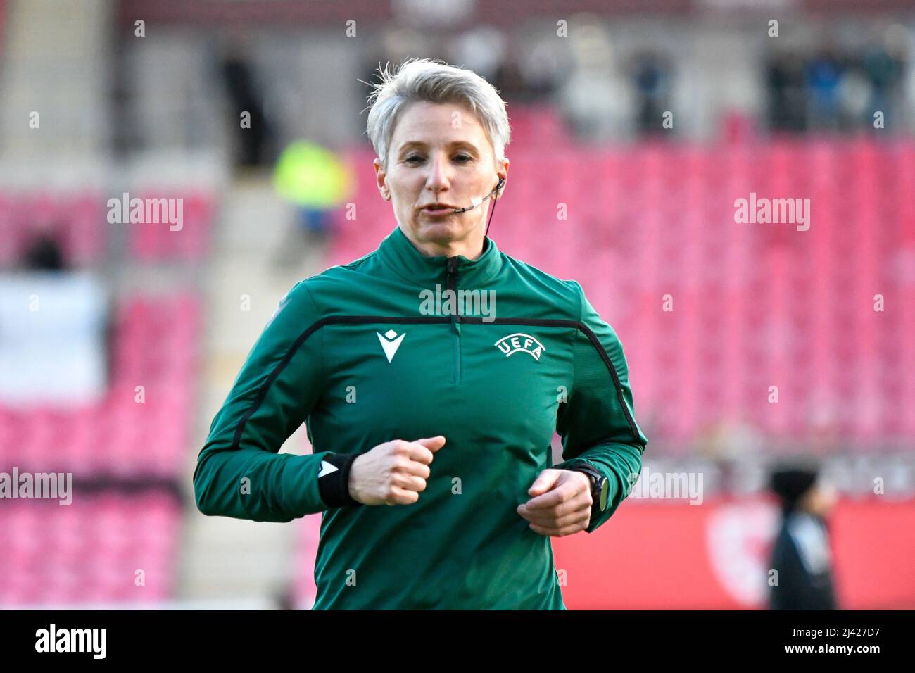 Llanelli, Wales. 8 April 2022. Match Referee Jana Adamkova during the pre-match warm-up before the FIFA Women's World Cup Qualifier Group I match between Wales Women and France Women at Parc y Scarlets in Llanelli, Wales, UK on 8 April 2022. Credit: Duncan Thomas/Majestic Media. Stock Photo
