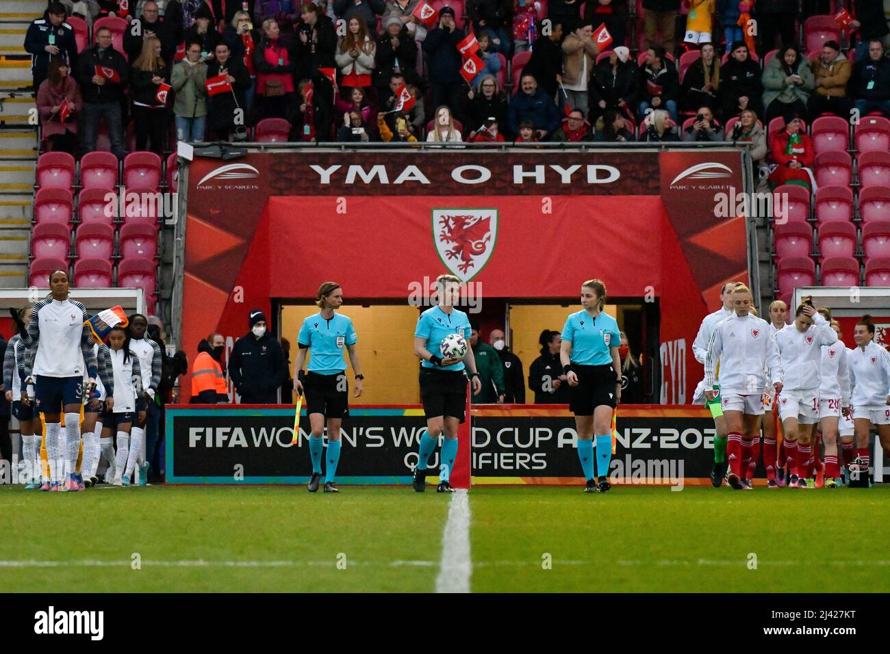 Llanelli, Wales. 8 April 2022. The teams walking out onto the pitch before the FIFA Women's World Cup Qualifier Group I match between Wales Women and France Women at Parc y Scarlets in Llanelli, Wales, UK on 8 April 2022. Credit: Duncan Thomas/Majestic Media. Stock Photo
