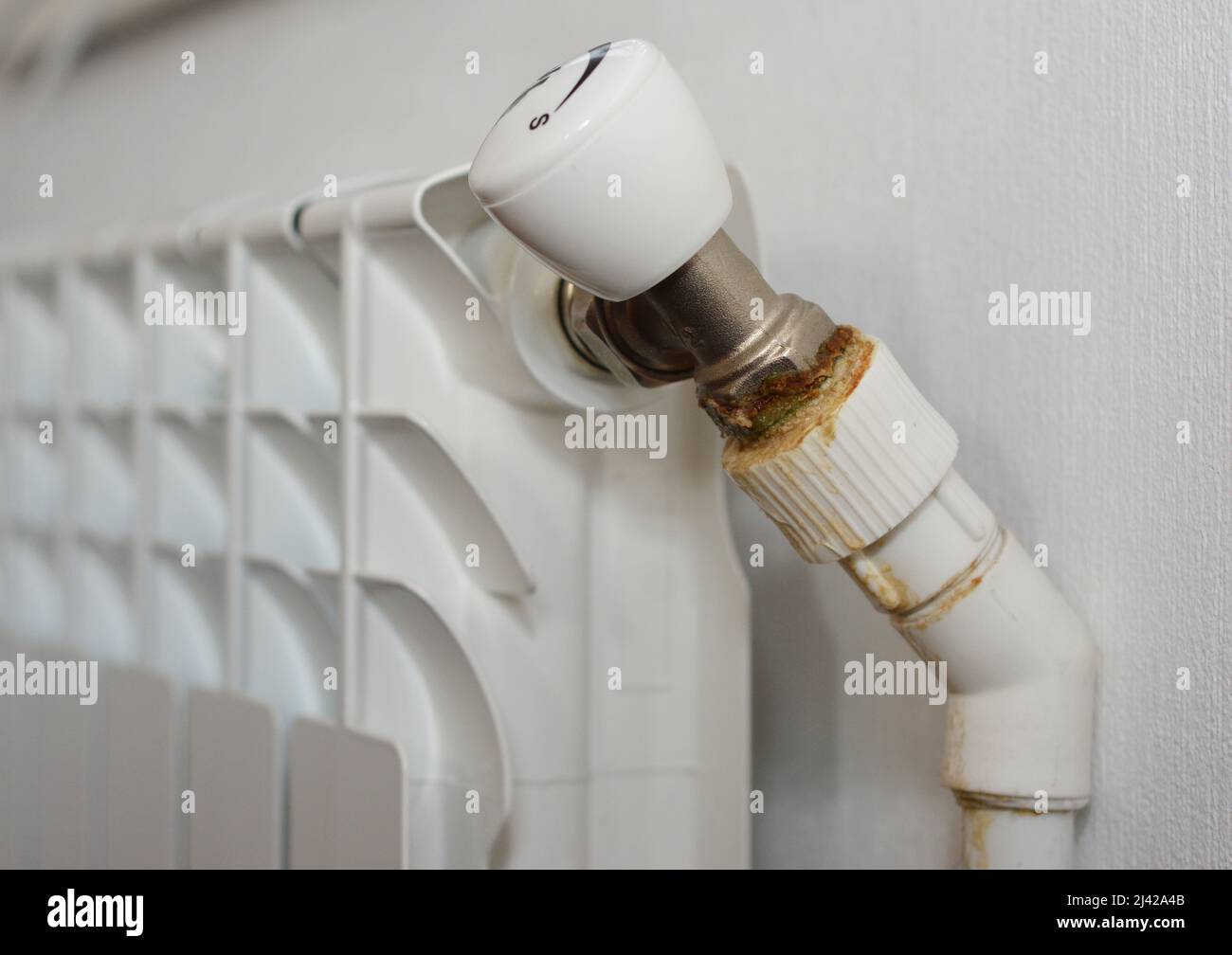 A closeup of a leaking radiator valve, or radiator spindle. A leaking