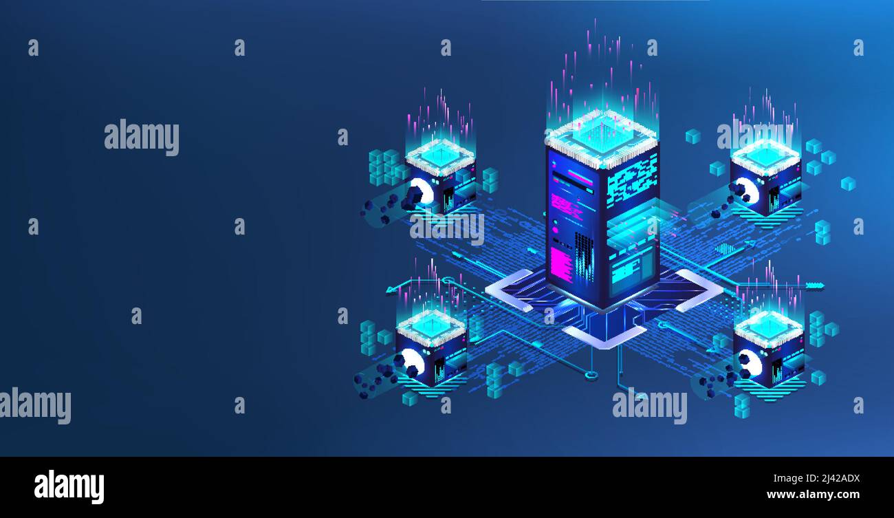 Big data center in processing, server room, cloud database in isometric view. Blockchain concept Stock Vector