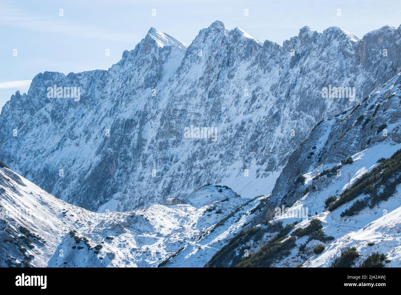 Lamsenhut with the first snow Karwendel mountain. High quality photo Stock Photo