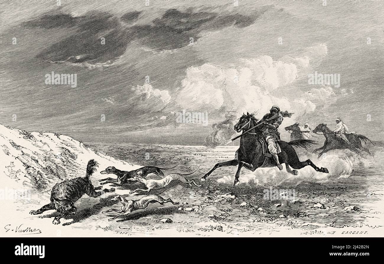 Arab horsemen hunting hyenas on horseback with dogs, Saudi Arabia. Pilgrimage to Nedjed, cradle of the Arab race by Lady Anna Blunt 1878-1879, Le Tour du Monde 1882 Stock Photo