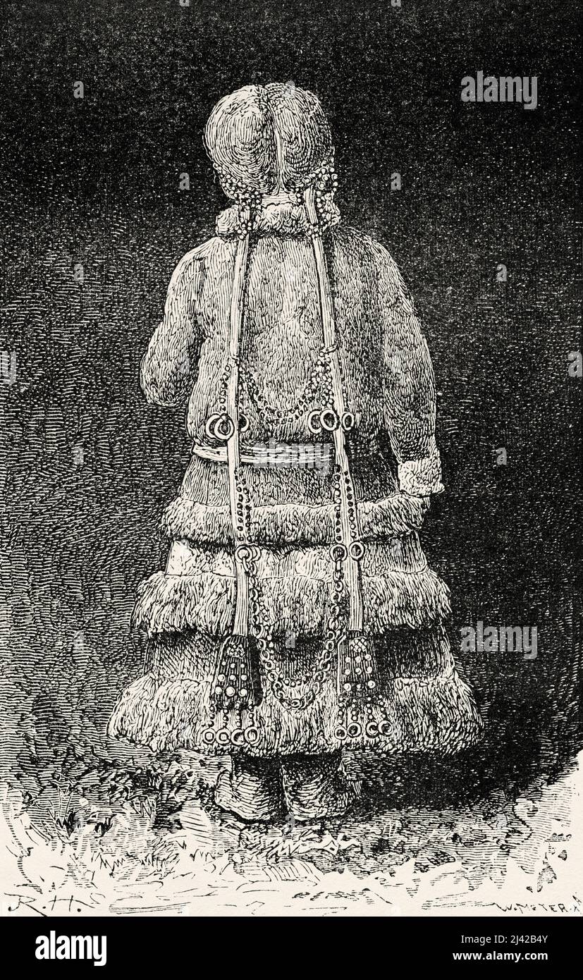 Samoyed woman in traditional clothes. The Nenets also known as Samoyed, are a Samoyedic ethnic group native to northern Arctic Russia. The Voyage of La Vega through Asia and Europe by Adolf Erik Nordenskiold 1879-1880, Le Tour du Monde 1882 Stock Photo