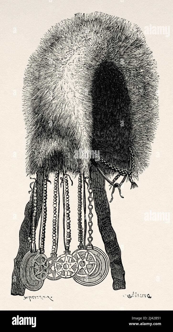 Traditional Samoyed hat. Arctic, Russia.  The Voyage of La Vega through Asia and Europe by Adolf Erik Nordenskiold 1879-1880, Le Tour du Monde 1882 Stock Photo