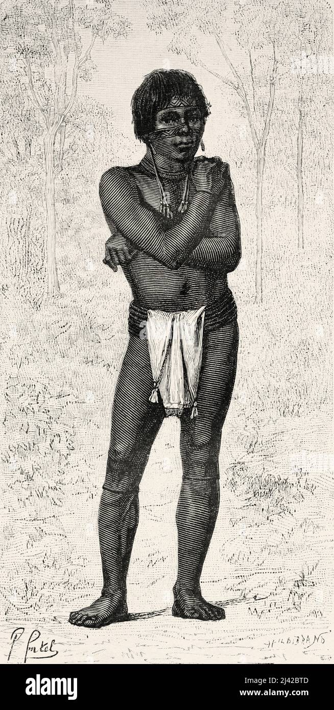 Piaroa Indian. The Piaroa people, Huottüja or De'aruhua, are a pre-Columbian South American indigenous ethnic group of the middle Orinoco Basin in present-day Colombia and Venezuela. South America. Voyage of exploration through New Granada and Venezuela by Jules Crevaux 1880-1881. Le Tour du Monde 1882 Stock Photo