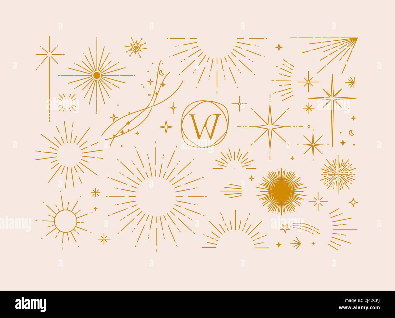 Set of flat design elements sun, sunset, sunbeams, stars borders, frame in modern line drawing with brown color lines on beige background Stock Vector