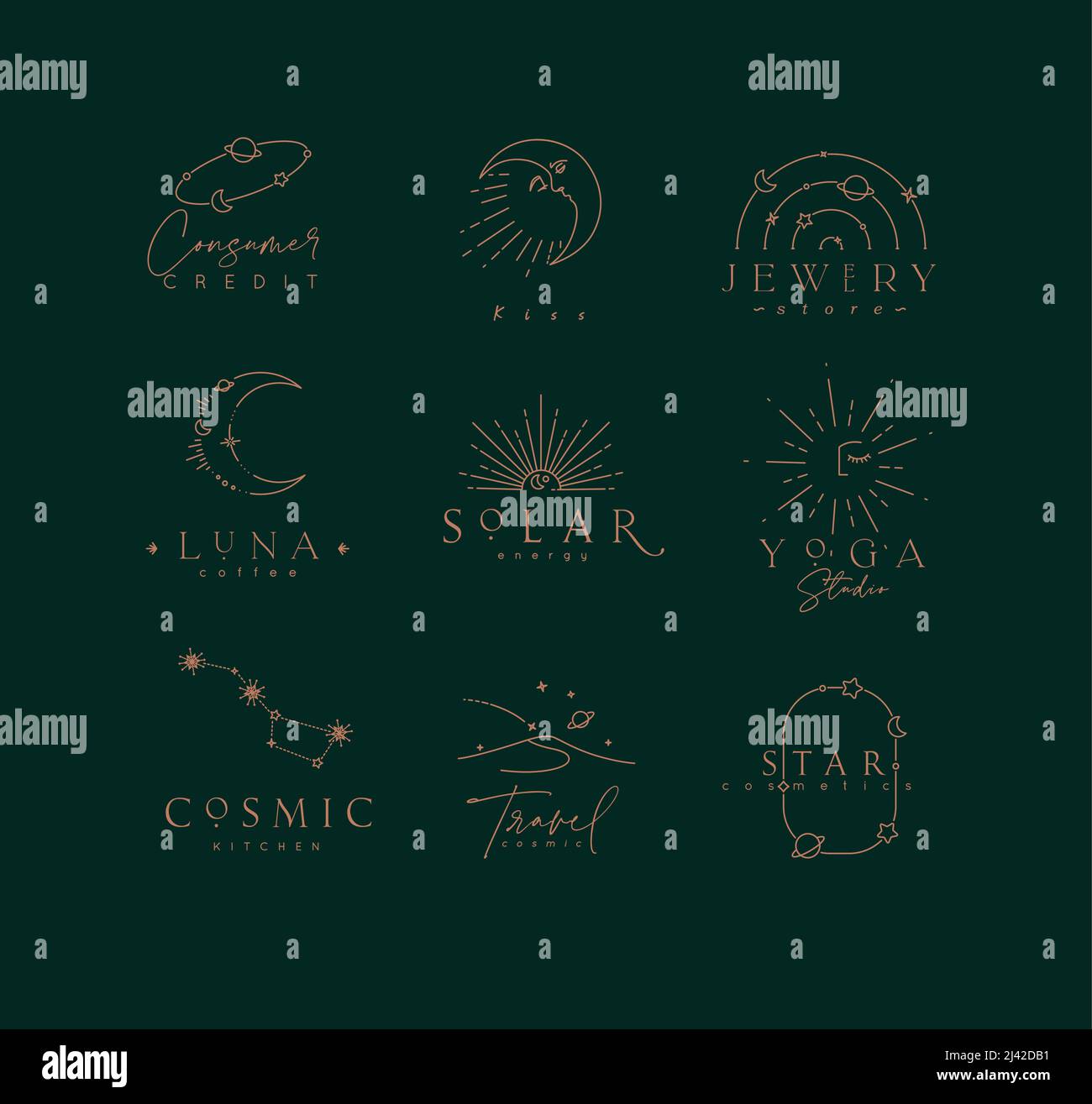 Flat elegance astrology labels with lettering in modern line style drawing with brown lines on green background Stock Vector