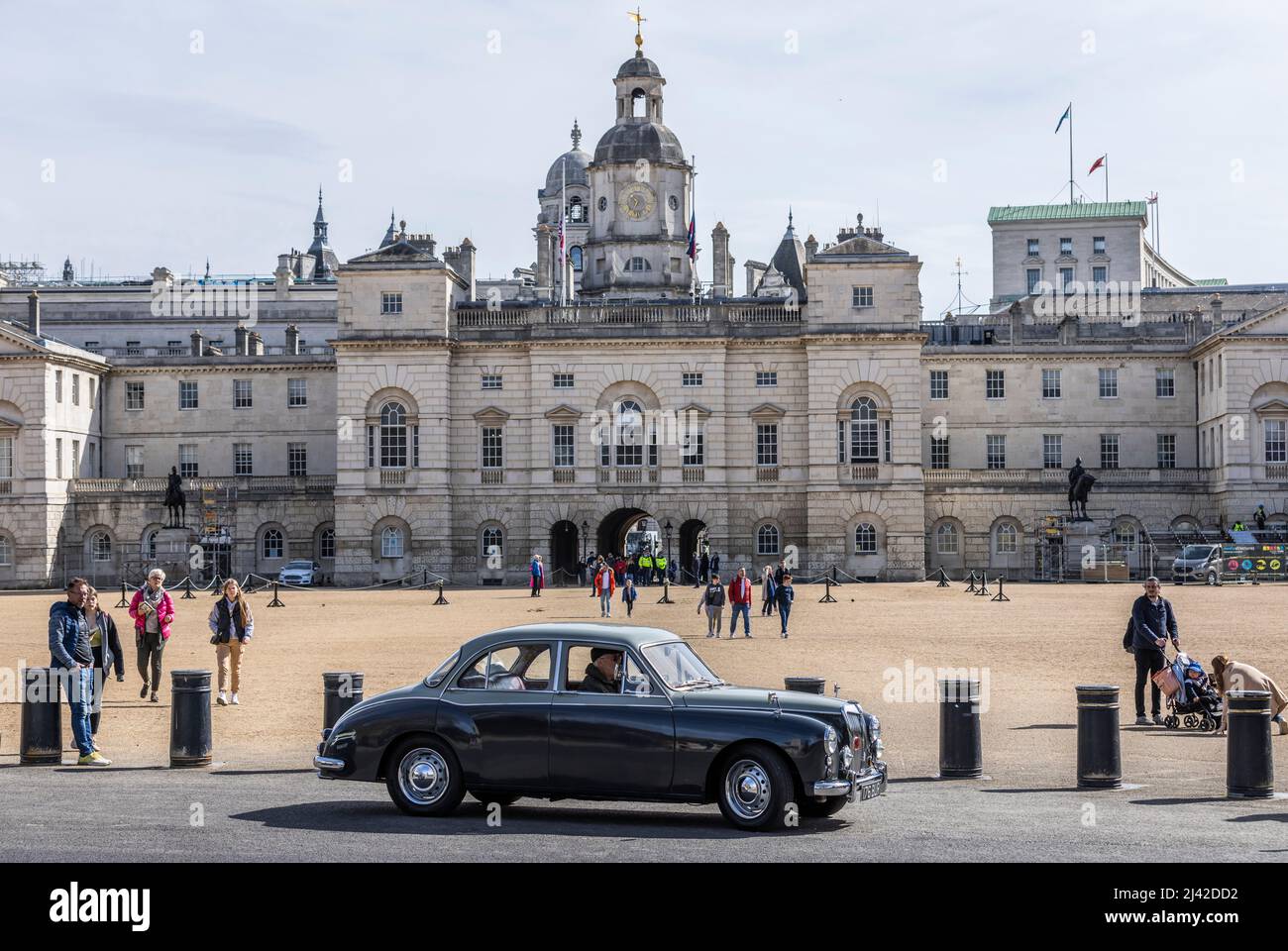 1958 MG Magnette Varitone stops on the perimeter of Horse Guards Parade in Whitehall, London, UK. April, 2022 Stock Photo