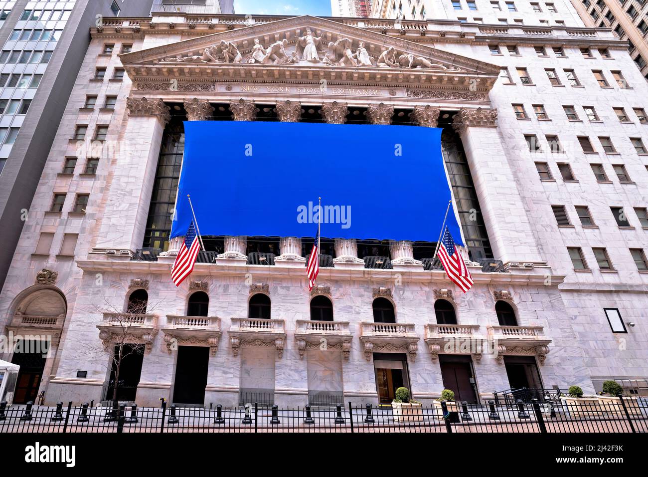 New York Stock Exchange Wall Street building street view, United States of America Stock Photo