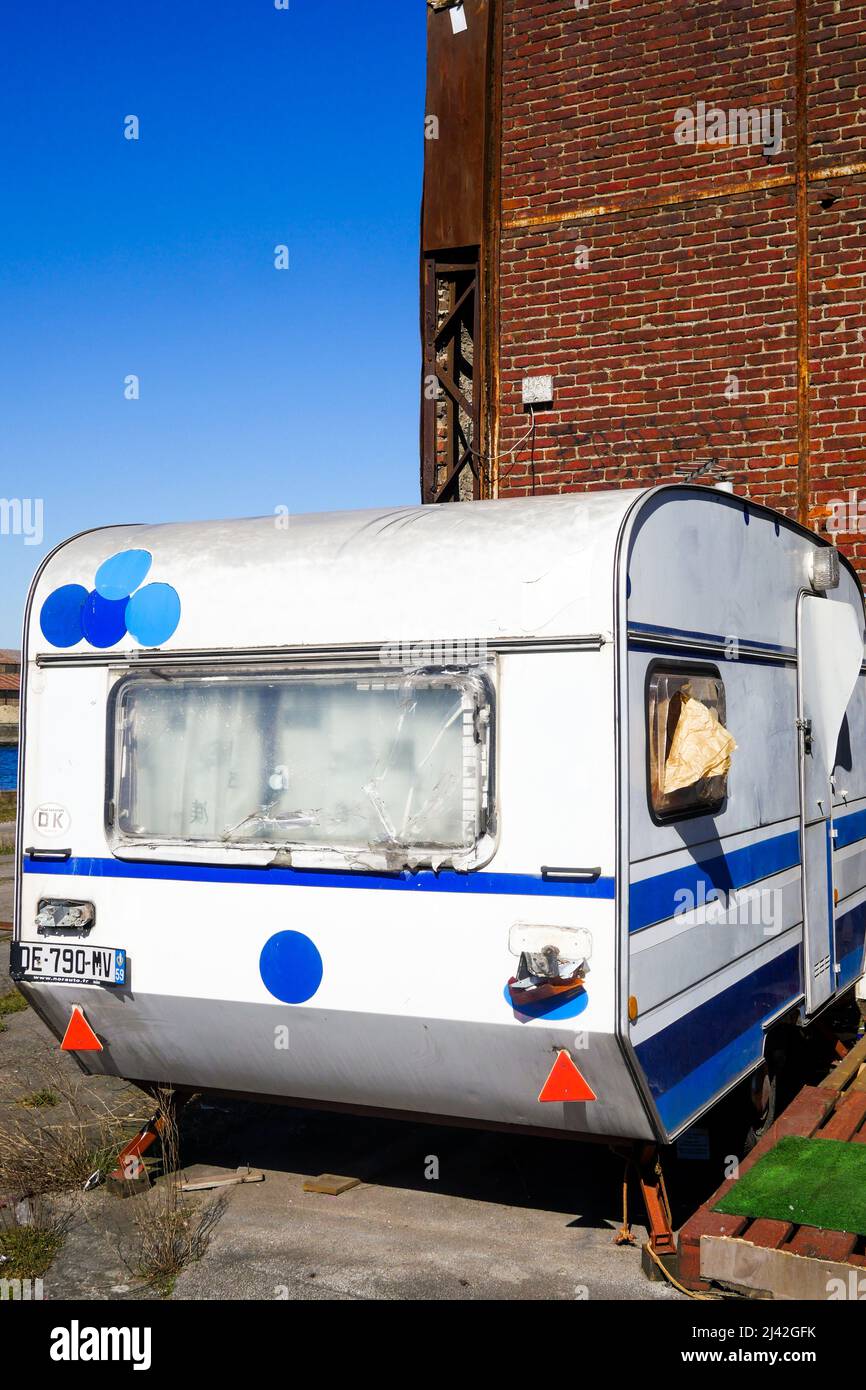 Homeless Caravan Caravan used as a residence by a homeless, Dunkirk harbor, Dunkirk ...