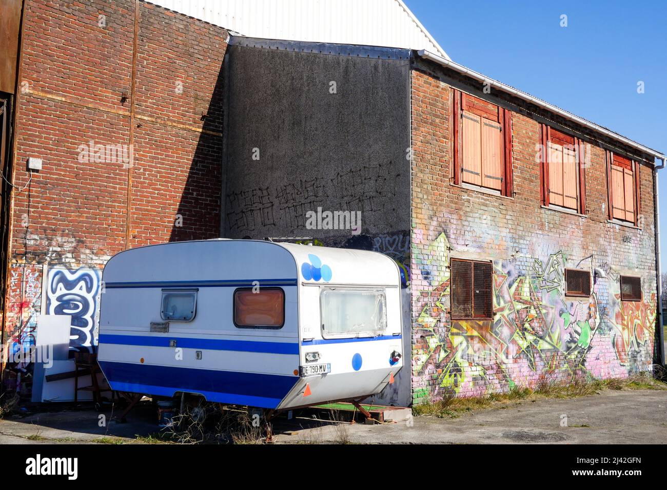 Homeless Caravan Caravan used as a residence by a homeless, Dunkirk harbor, Dunkirk ...