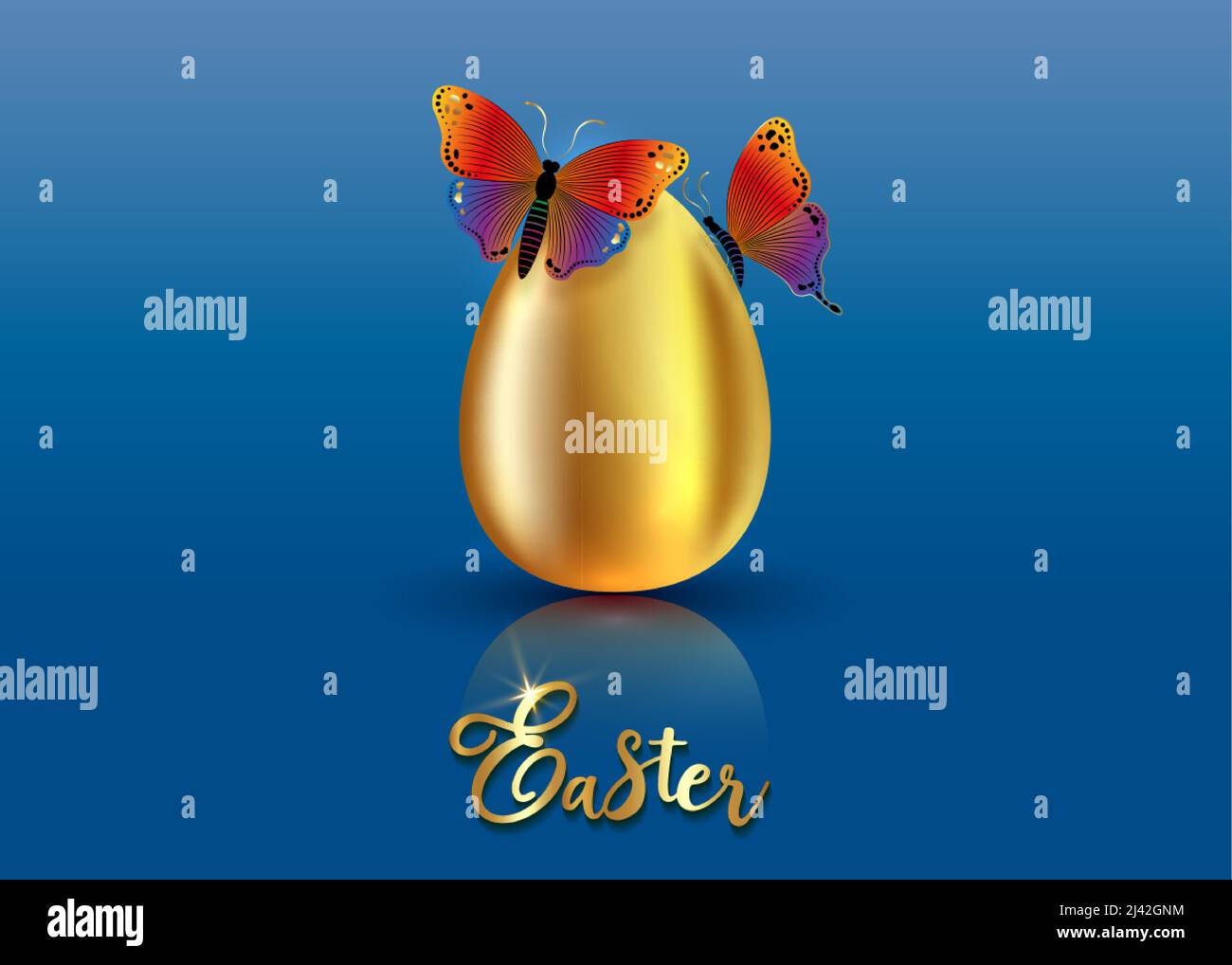 Realistic golden egg with luxury colorful butterflies, Easter concept vector illustration isolated on blue gradient colors background Stock Vector