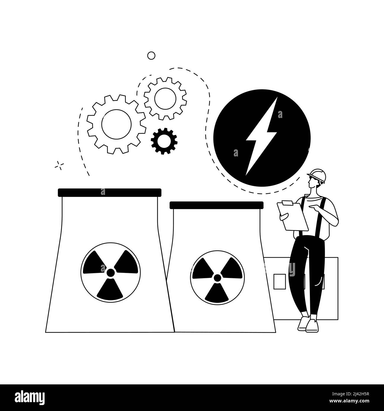 Nuclear energy abstract concept vector illustration. Nuclear power plant, sustainable energy source, cooling towers, uranium atom, distribution system Stock Vector