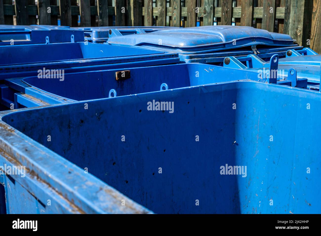 Epsom Surrey London UK, April 11 2022, Empty Blue Council Wheelie Bins