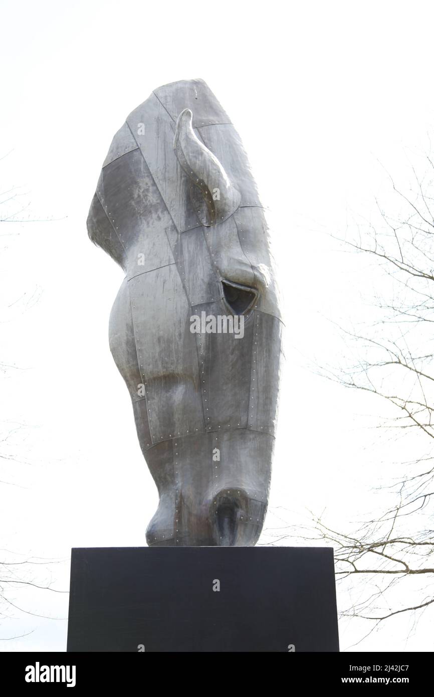 Horse head Statue 'Still Water' by Nic Fiddian Green at RHS Garden Wisley, Surrey, England, UK
