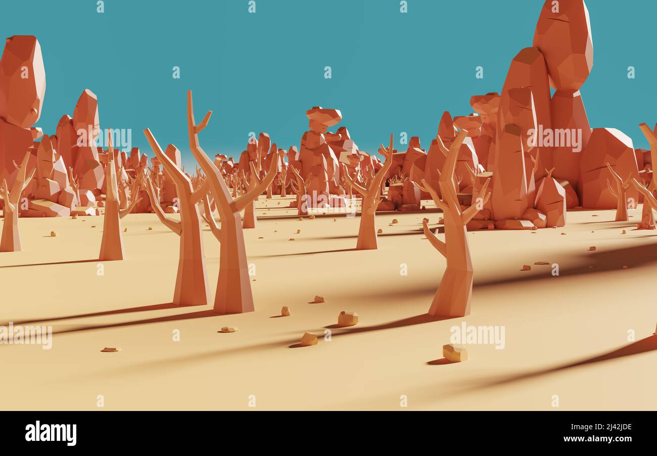 Cartoon rocks and dry trees, 3d rendering. Computer digital drawing ...