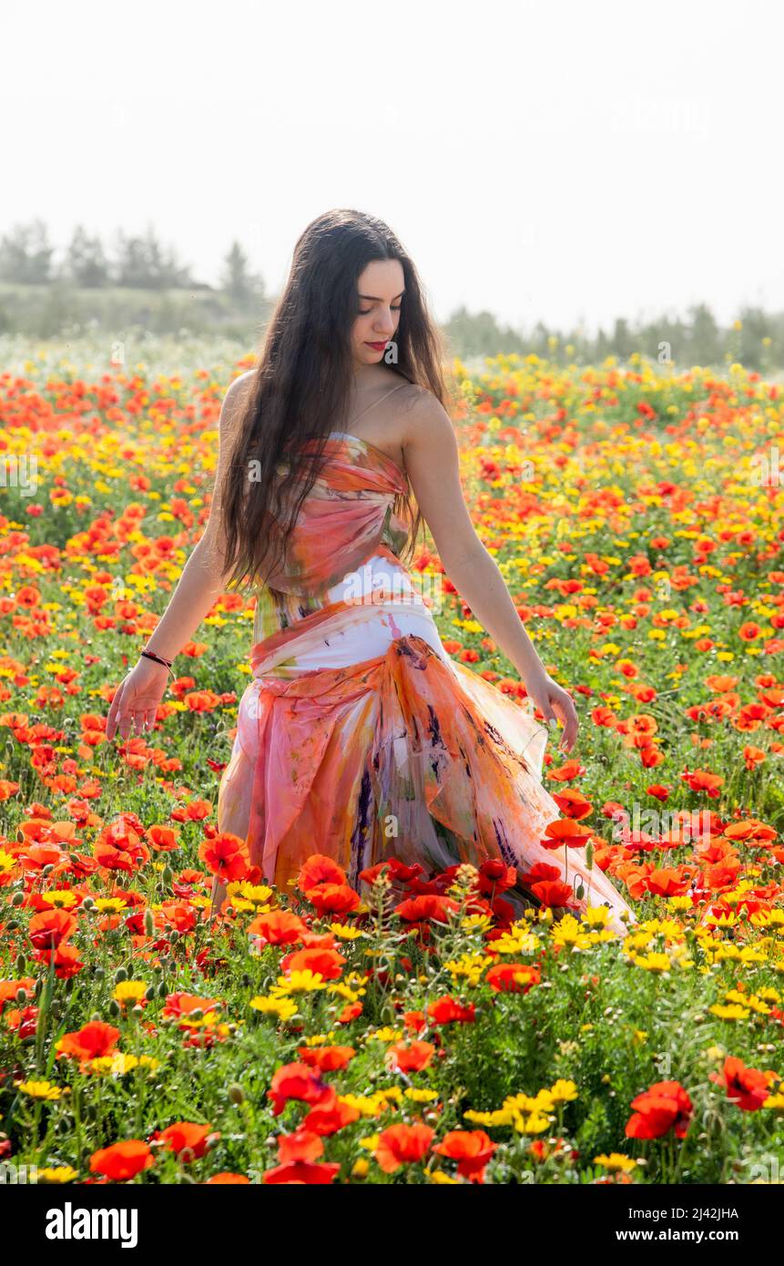 Young girl, long hair happy in the spring poppy field Stock Photo